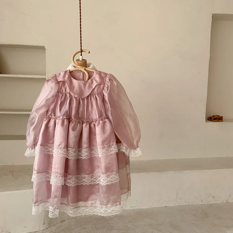 

1058C милое платье для девочек, детская одежда, весна 2022, новое многослойное платье принцессы для девочек 1-7 лет, кружевное платье с прострочко...