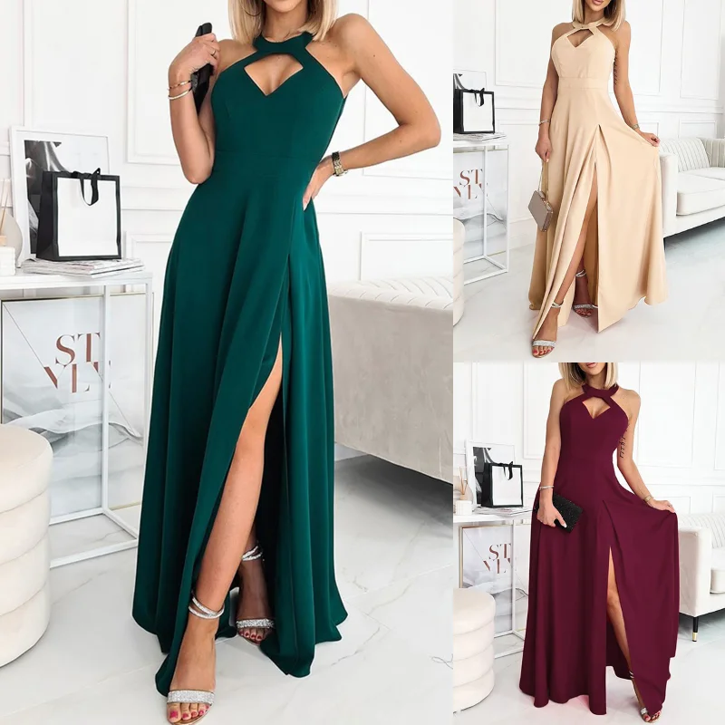

New dress stands alone solid color sleeveless halter neck cinched waist dress long skirt