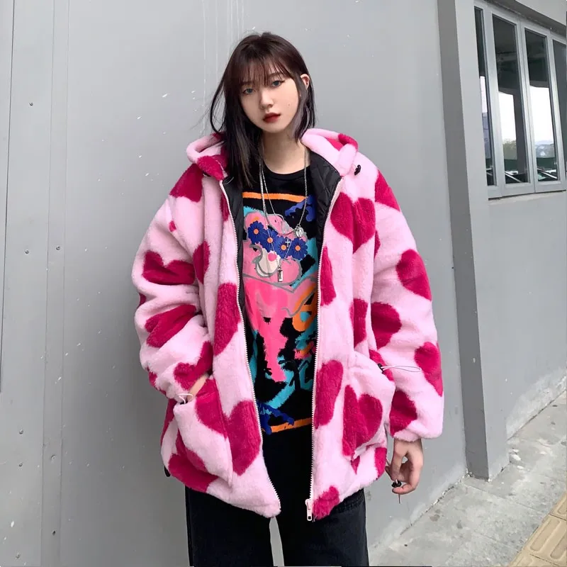

New Harajuku Heart Full Print Plush Jacket Women Winter Korean Large Size Long Sleeve Hooded Cotton Coat Thick Warm Tops