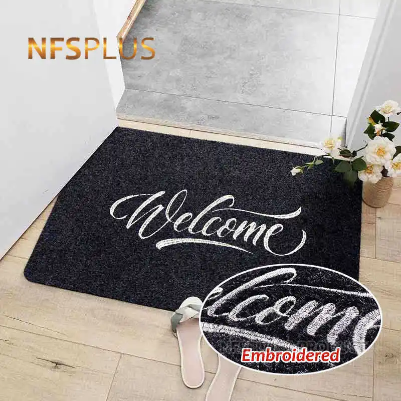 

Welcome Doormat Embroidery 40x60cm Black Polyester Fiber TPR Rubber Non Slip Hallway Floor Mat Carpet Home Decorative Door Mat