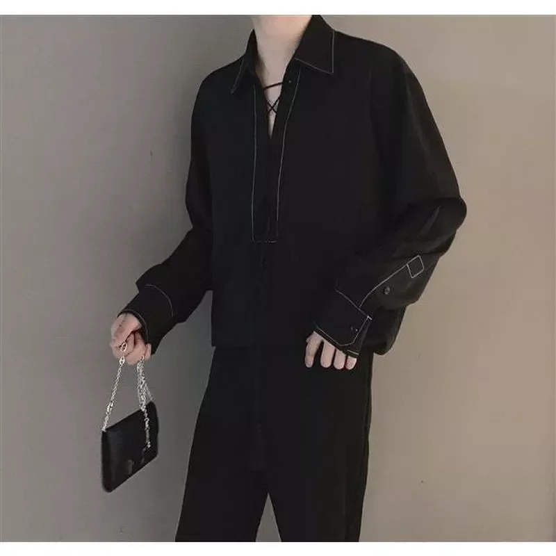 New2022 dark goth shirt men's Hong Kong style open line flow ear tie rope pullover trendy aesthetic elegant women street blo
