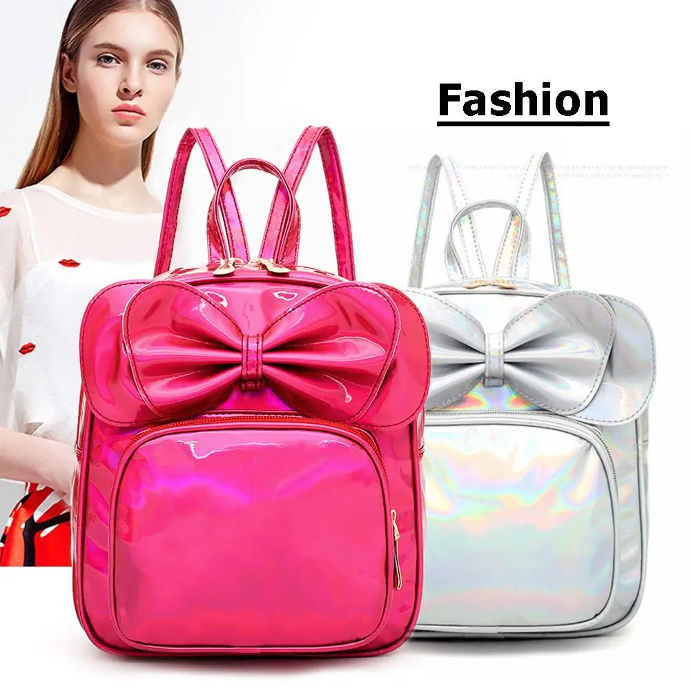 

Мягкий женский рюкзак с лазерным рисунком, милые однотонные сумки для покупок на молнии с бантом и несколькими карманами, вместительные ули...