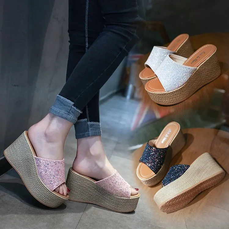 

Slippers Casual Shoes Woman 2023 Platform On A Wedge Heeled Mules Pantofle Med Luxury High Flat New Fabric PU Fashion Basic Rome