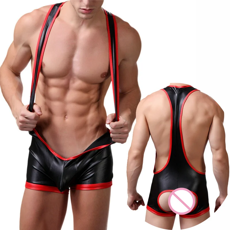 

Sexy Mens Undershirts Male Wrestling Singlet Male One-Piece Leotard Sexy Jockstrap Underwear PU Leather Jumpsuit Fetish Clubwear