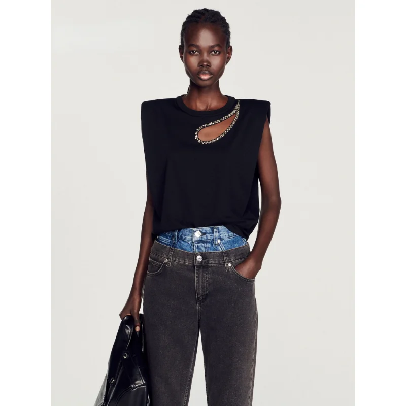 

VII 2023 New In Matching Summer Fashion Woman Blouse Rhinestone Design Solid Black Knit Elegant Tops with Free Shipping Offer