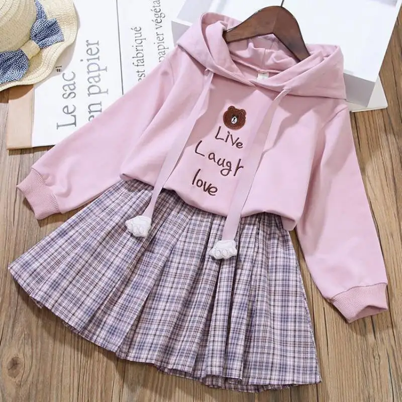 

10 12 Cotton + 8 Children Pleated Bear 4 Years Birthday For Present Sets 6 Girls Clothing Little Suit Cartoon Hoodies Skirt 2pcs