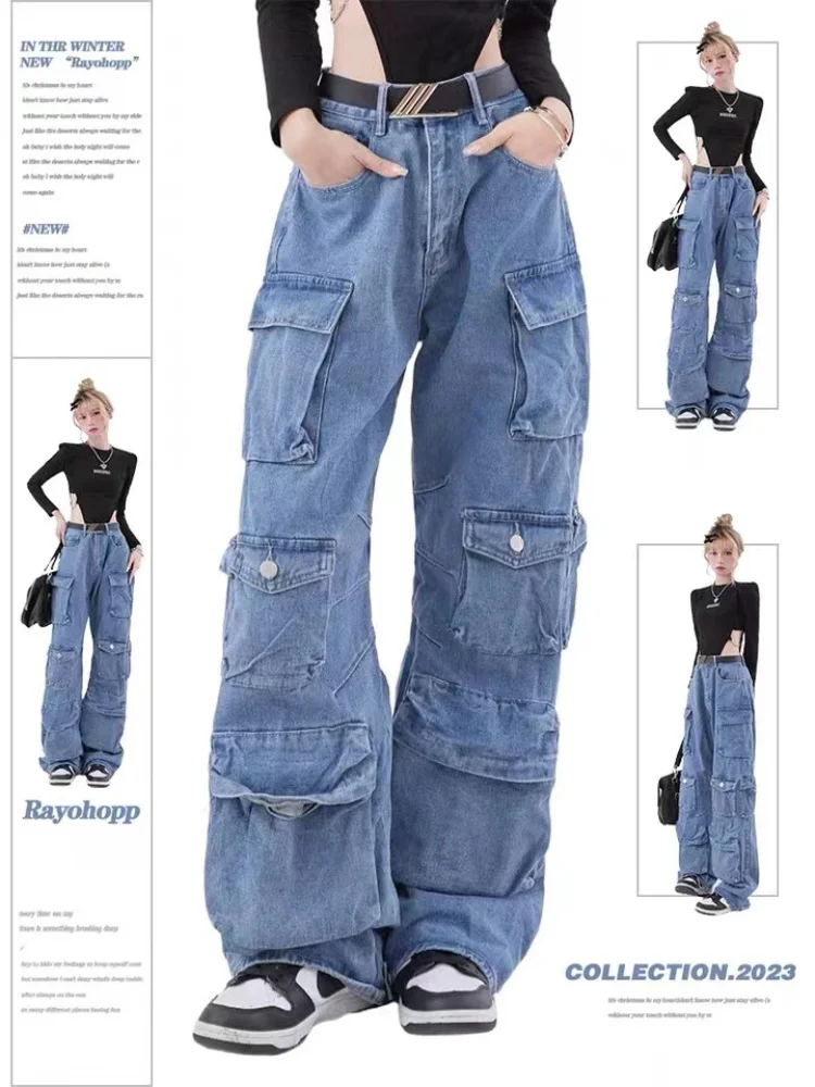 

Однотонные женские джинсы с карманами, модель Y2K, уличные свободные джинсы в стиле ретро с широкими штанинами для пар, повседневные джинсы в стиле Джокер, женские брюки