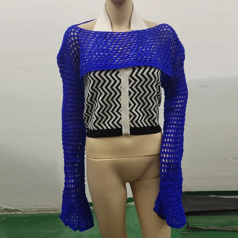 

Женская короткая футболка, однотонная шерстяная накидка с вырезами, американский новый пуловер, свободная футболка с расклешенным длинным рукавом для дам