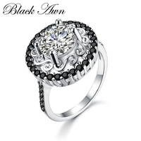 black awn silver color fashion jewelry trendy flower engagement rings for women black spinel wedding ring c046