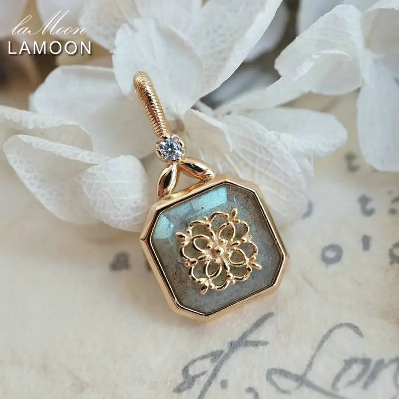 LAMOON Vingtage Bijou Natural Labradorite Necklace For Women Gemstone Pendant 925 Sterling Silver Gold Plated Fine Jewelry