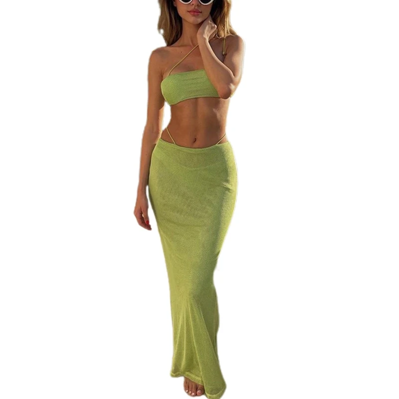 

Women Sexy Summer 2 Piece Irregular Strappy Tube Top Long Skirt Set Shiny Shimmer Metallic Mesh Swimsuit Cover Up Beach Party