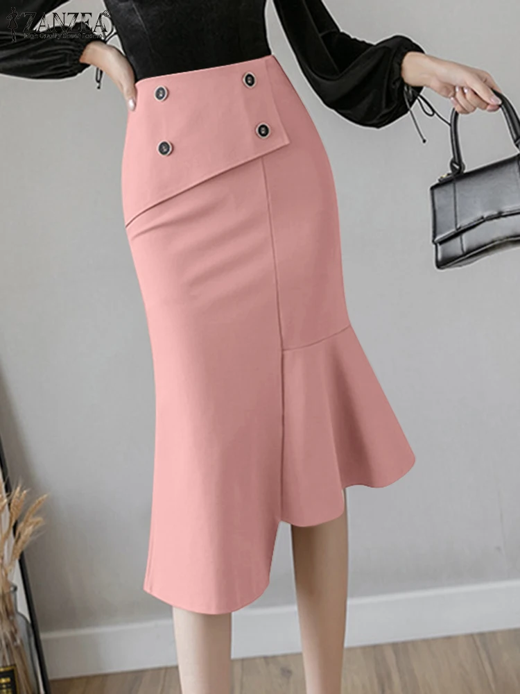 

ZANZEA Folded Over High Waist Women Mermaid Skirts Korean Fashion Elegant OL Ruffled Hem Jupes Asymmetric Splicing Midi Skirt