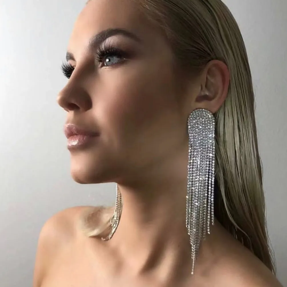 

Super Flash Claw Chain Series Geometric Zircon Rhinestone Long Tassel Earrings Women's Occidental Exaggerated Banquet Earrings