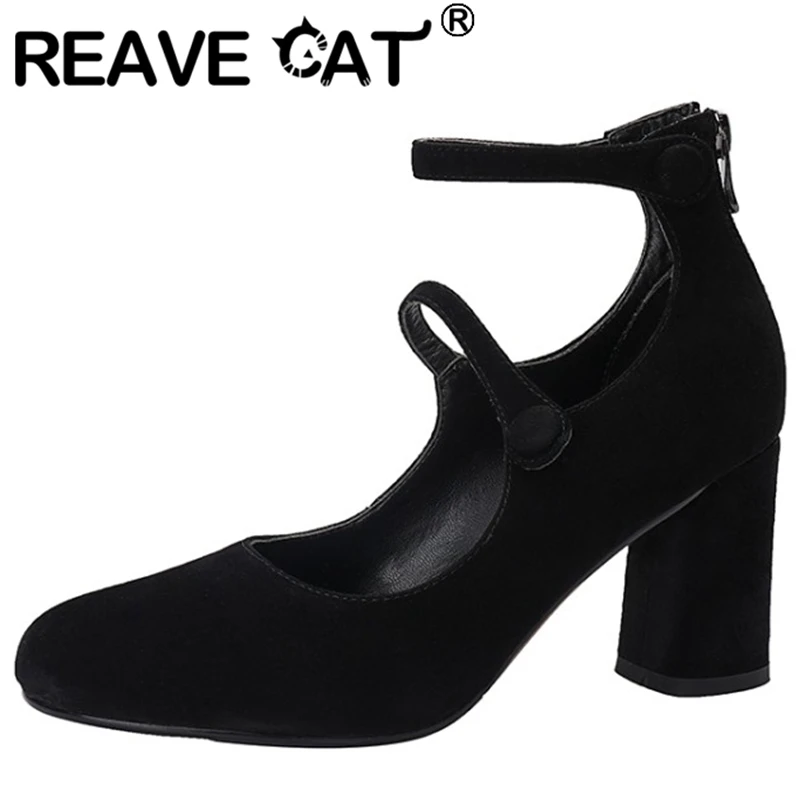 

REAVE CAT 2022 New Women Shoes Pump Round Toe Block Heels Kid Suede Ankle Strap Zipper Big Size 33-40 Black Elegant Spring S3241