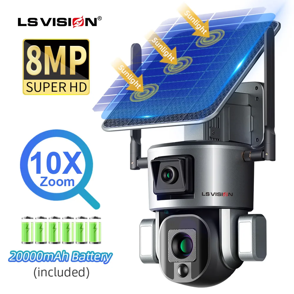 

LS VISION 4K 8MP HD Dual Lens 4G Solar Security Camera Outdoor 4X 10X Optical Zoom WiFi Camera Auto Tracking Waterproof CCTV Cam