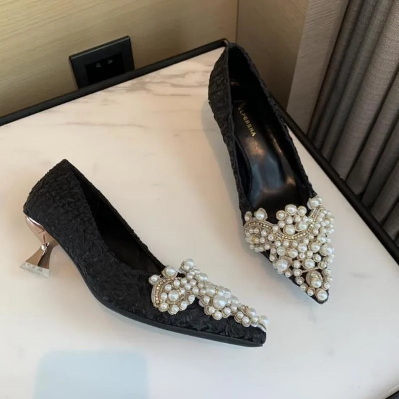 

New Sexy Women's Crown Crystal Pearl Shoes Wedding Shoes Pointed Toe High Heel Pumps Pearl Heel Luxury Dress Shoes