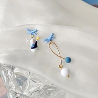 cute jewelry s925 needle blue bowknot earrings lovely style hot sale rabbit round bead asymmetrical drop earrings for girl gifts