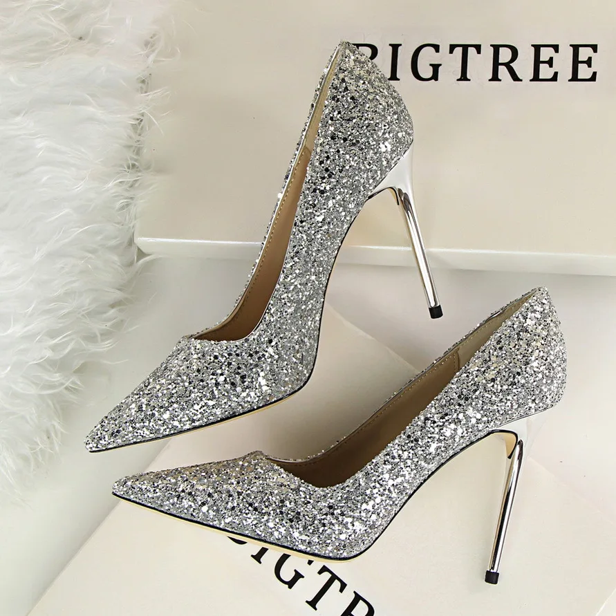 2023 European and American women's high-heeled shallow-heeled pointed head shining sequins sexy slim nightclub high-heeled shoes