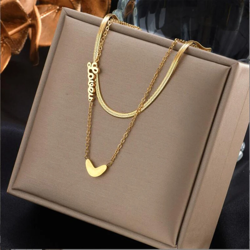 

Stainless Steel Double Layer LOVE Heart Necklace Female European and American Style Snake Bone Chain Sweater Chain