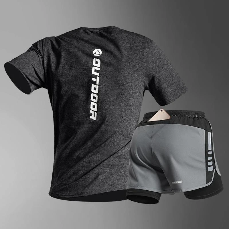 Комплекты для бега мужские футболки с короткими рукавами фитнеса летние