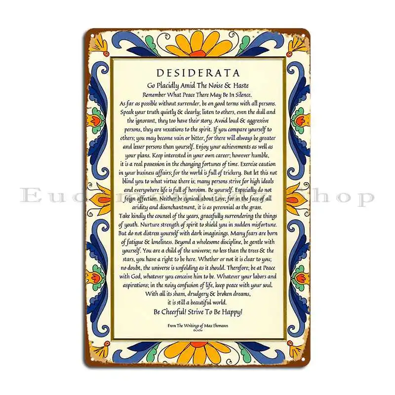 Плакат Desiderata с художественной декорированной цветочной границей металлический