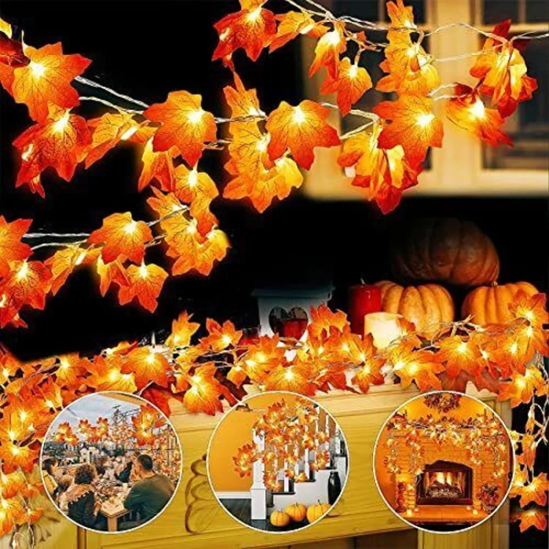 

Halloween New Home Party DIY Deco Yea 1.5M Christmas Decoration Artificial Maple Leaf Leaves LED Light String Lantern Garland
