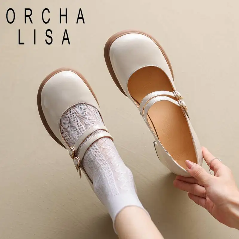 

ORCHA LISA Design Shoes For Women Mary Jane Pumps Cow Leather Round Toe Chunky Heels 6cm Double Buckle Strap Sweet Dating S4636