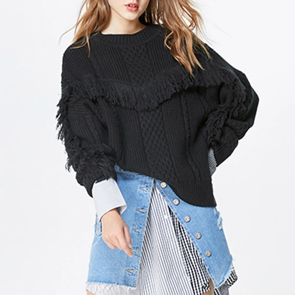 

Женский трикотажный свитер, черный джемпер с длинным рукавом и круглым вырезом, вязаный свитер, весна 2022