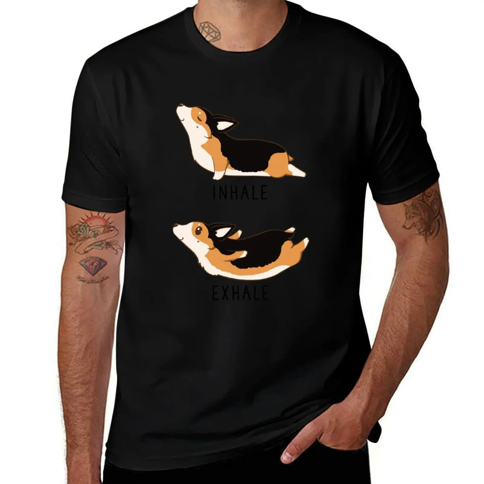 Фото Футболка для йоги Inhale Exhale Tri Color Corgi, повседневный топ с короткими рукавами большого размера №1