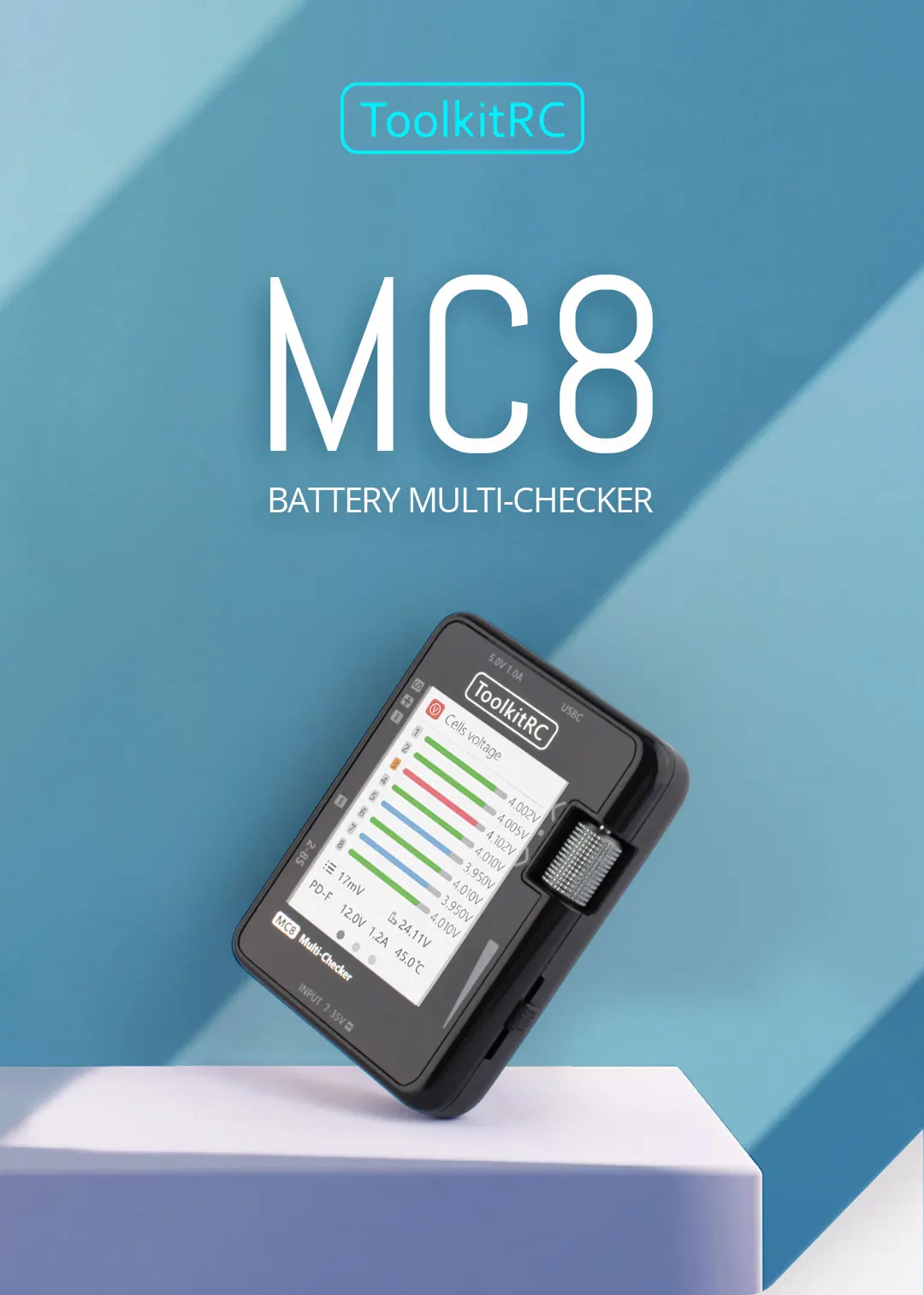 

ToolkitRC MC8 Mini Size Cell Checker 32 Bit Battery Multi-Checker PWM Output PPM SBUS Readout With USB-C Fast Charging