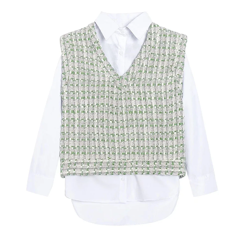 

Women's 2022 Chic New Textured Patchwork Blouse Retro Fashion Casual Long Sleeve Button Down Female Chic Top Mujer