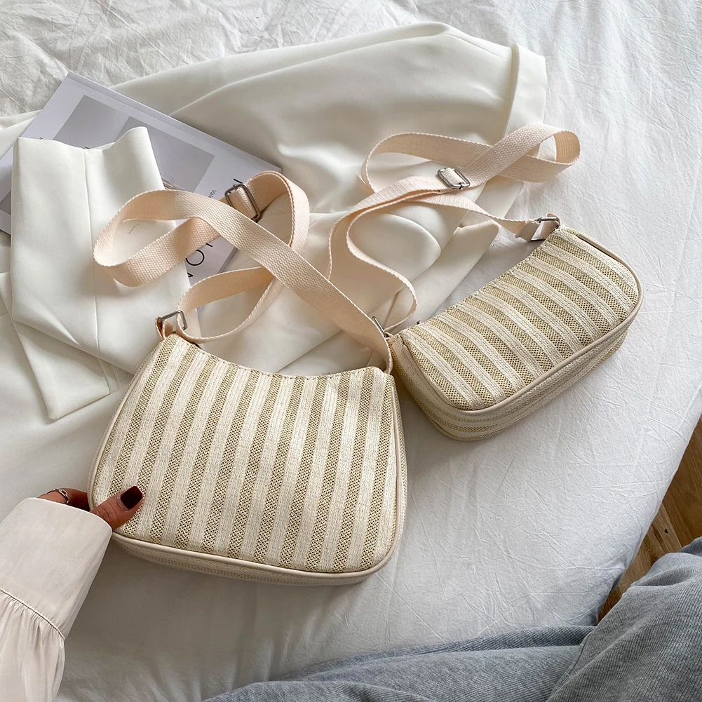 

Leisure Pure Color Woven Ladies Handbags Straw Knitting Zipper Underarm Bags Female Small Shopping Shoulder Bags