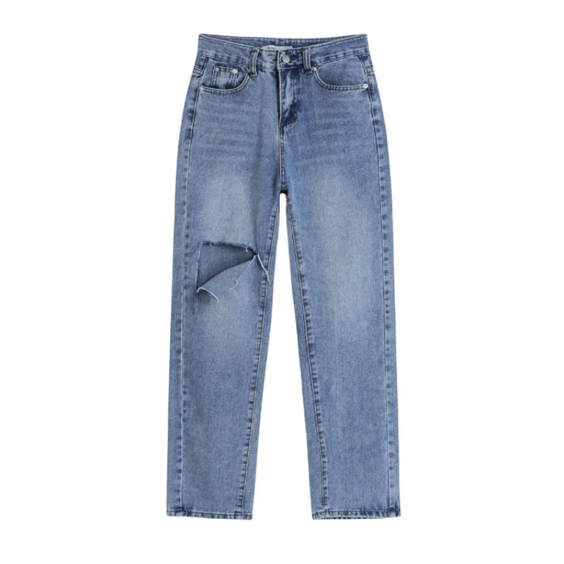 2021 New Summer Women High Waist Straight Jeans Street Style Casual Ripped Hole Jeans Female Blue Washed Loose Pop Denim Pants