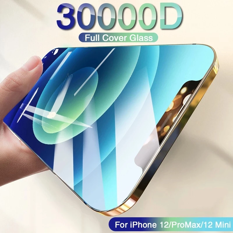 

Защитное стекло 30000D с полным покрытием для iPhone 12 11 Pro Max 12 Mini X XS XR, Защита экрана для iPhone SE 6 7 8 Plus, закаленное стекло