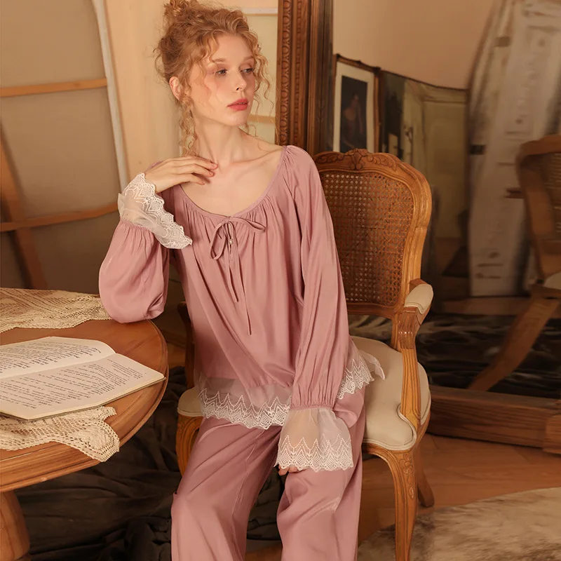 Women's French Spring Autumn Retro Lace Stitching Cotton Soft Comfortable Pajama Sets Sleepwear Pajamas Women's Sleep