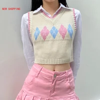 fashion y2k sweaters plaid patched knitwear sleeveless v neck knitted tank vest preppy style pullovvers crop top women kawaii
