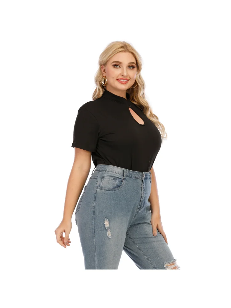 Half high collar, one button, short sleeved casual slim fitting T-shirt top plus size women clothing