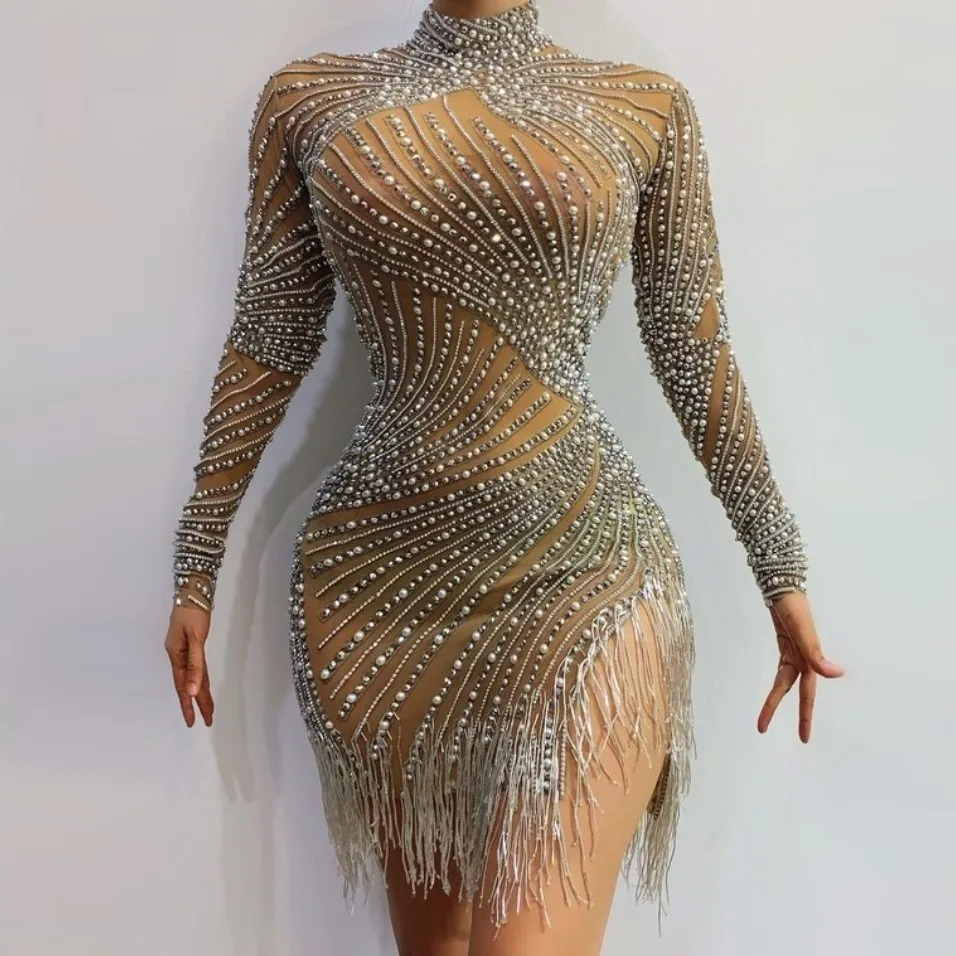 New Singer Ceremonial Model Mesh Yarn Rhinestone Tassel Pearl Dress Nightclub Gogo Dancer Stage Performance Rave Outfit