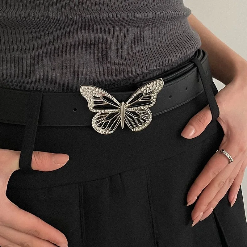 Y2k Diamond Butterfly Belt Buckle Design Metal Vintage Punk Gothic Hollow Women Belt Pu Waistband Jeans Pants Decorative Belt