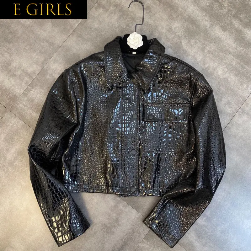 J GIRLS 2022 Fall Winter New Arrival Long Sleeve Turn Down Collar Black Faux Crocodile Skin Single Breasted Buttons Jacket GC581