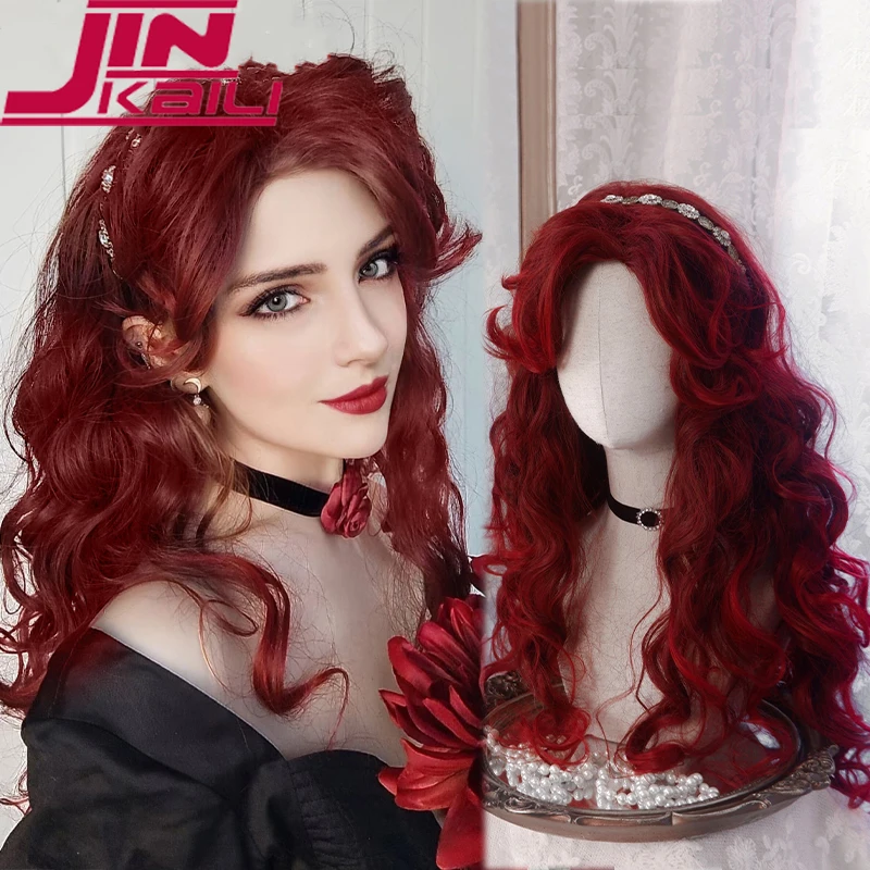 

JINKAILI 60cm Synthetic Long Curly Cosplay Wig With Bangs Dark Red Light Blonde Lolita Wig Women Halloween Cosplay Wigs Female