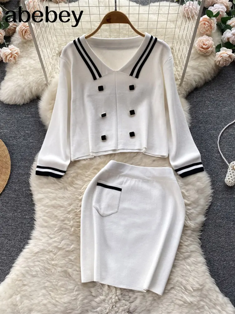 

Женский вязаный комплект из двух предметов, белый пуловер и короткая юбка, облегающий свитер, элегантный осенний женский свитер