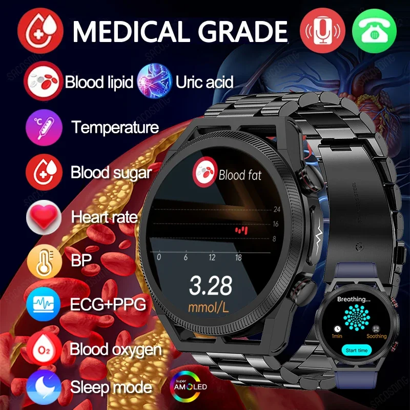 Смарт-часы мужские с функцией измерения ЭКГ + ППГ и мочевой кислотой