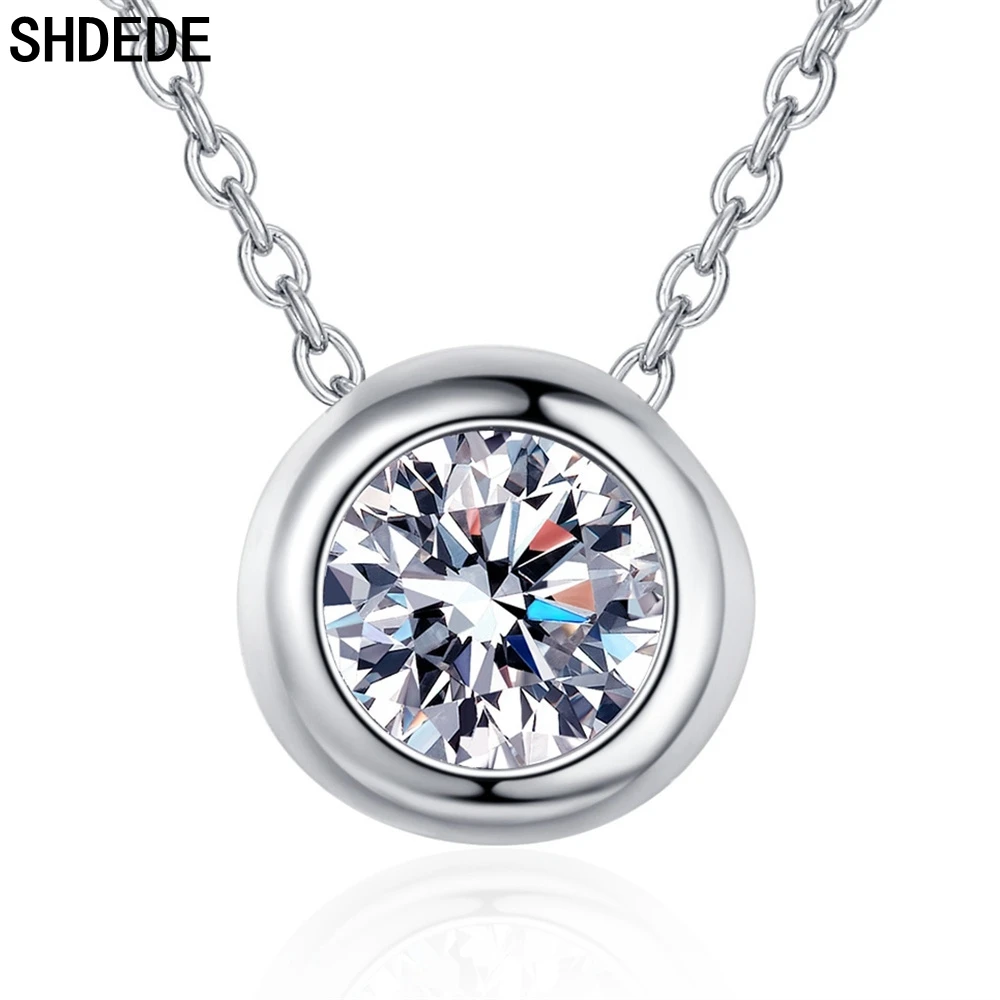 

SHDEDE Women Round Pendent Necklaces 925 Silver Female Party Fashion Jewelry CZ Crystal Anniversary Gift Classic Simple WH43