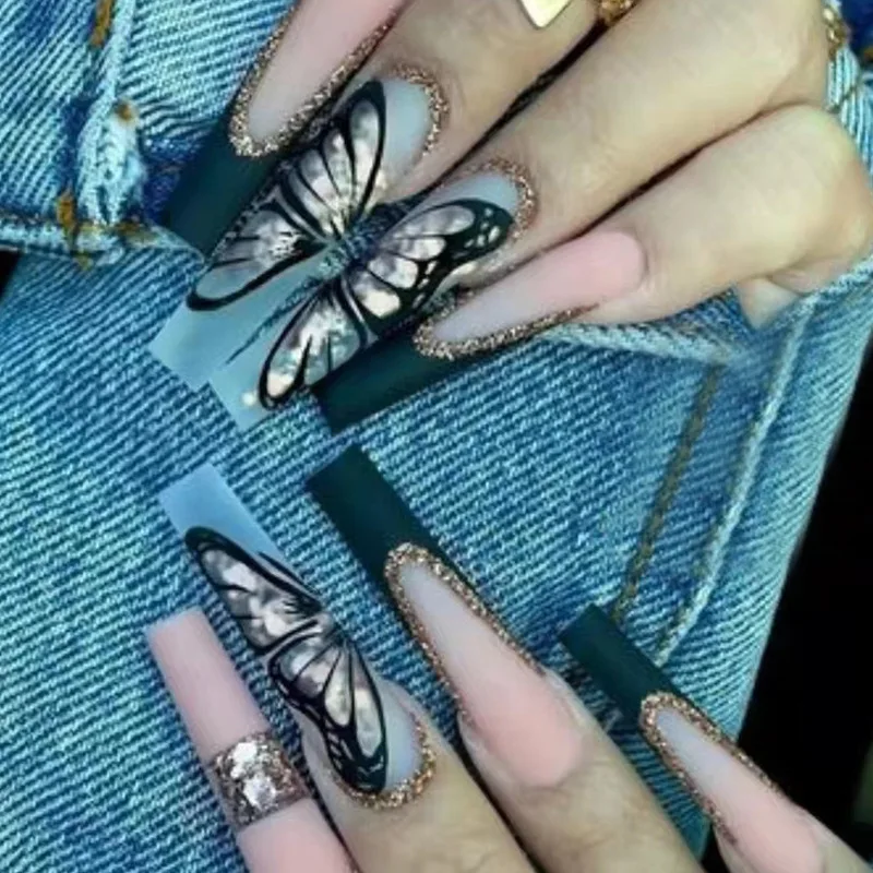 

24Pcs French False Nail Tip Black Butterfly Design Wearable Shiny Rhinestone Fake Nails With Glue Press On Nail DIY Nail Art