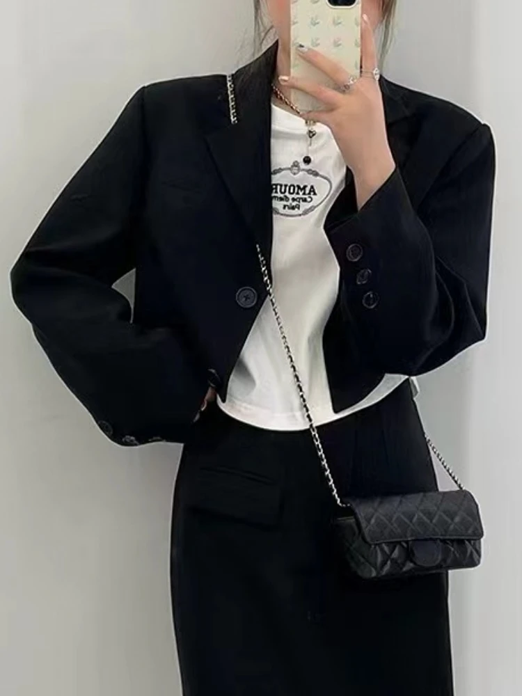 Autumn New Women Vintage Blazer Skirts Suit Casual Cropped Jackets High Waist Bodycon Saya 2 Pieces Set Female Fashion Clothes images - 6