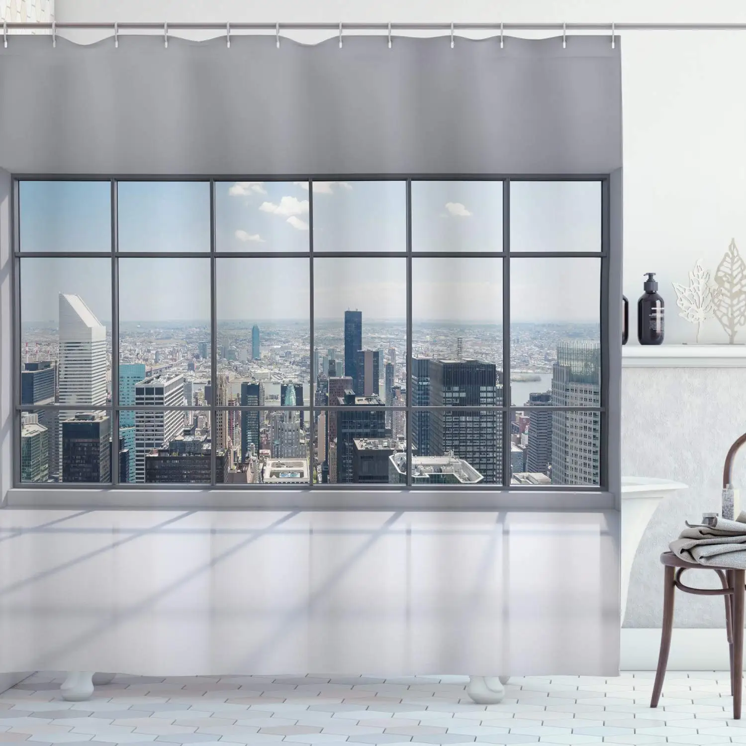 

City Shower Curtain,Office with Window Downtown Skyscraper Buildings Domestic Cityscape Art,Cloth Fabric Bathroom Curtain Screen