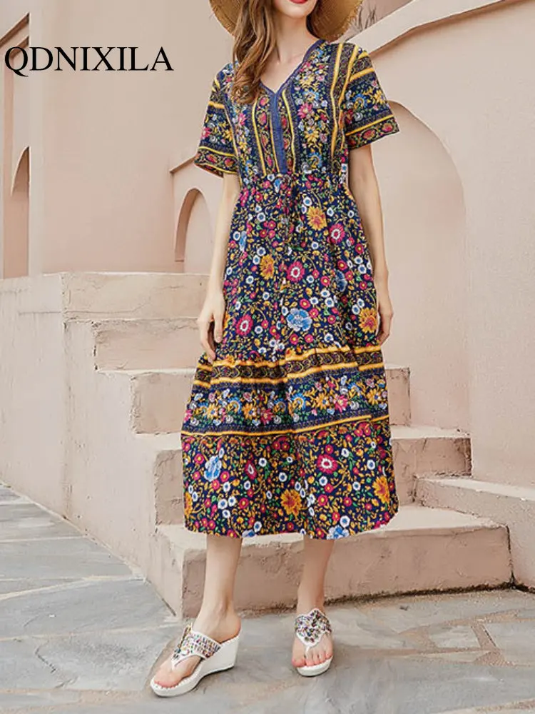 

Women's Dress Summer 2023 New In Bohemian Ethnic Style V-neck Loose Casual Clothing Female Elegant and Pretty Women's Dresses