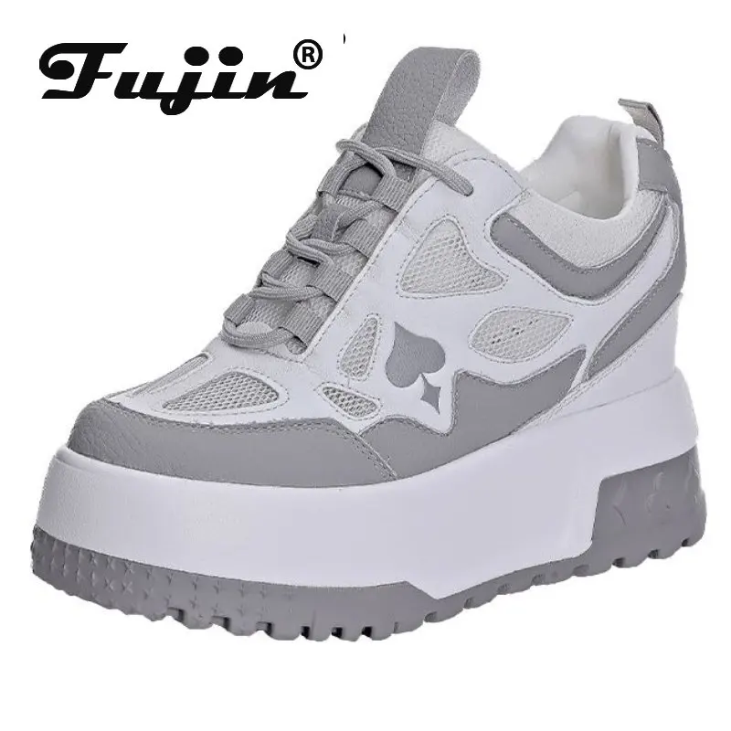 

Fujin 9cm Air Mesh Genuine Leather Platform Wedge Chunky Sneaker Fashion Casual Shoes Women Summer Hidden Heel Hollow Vulcanize