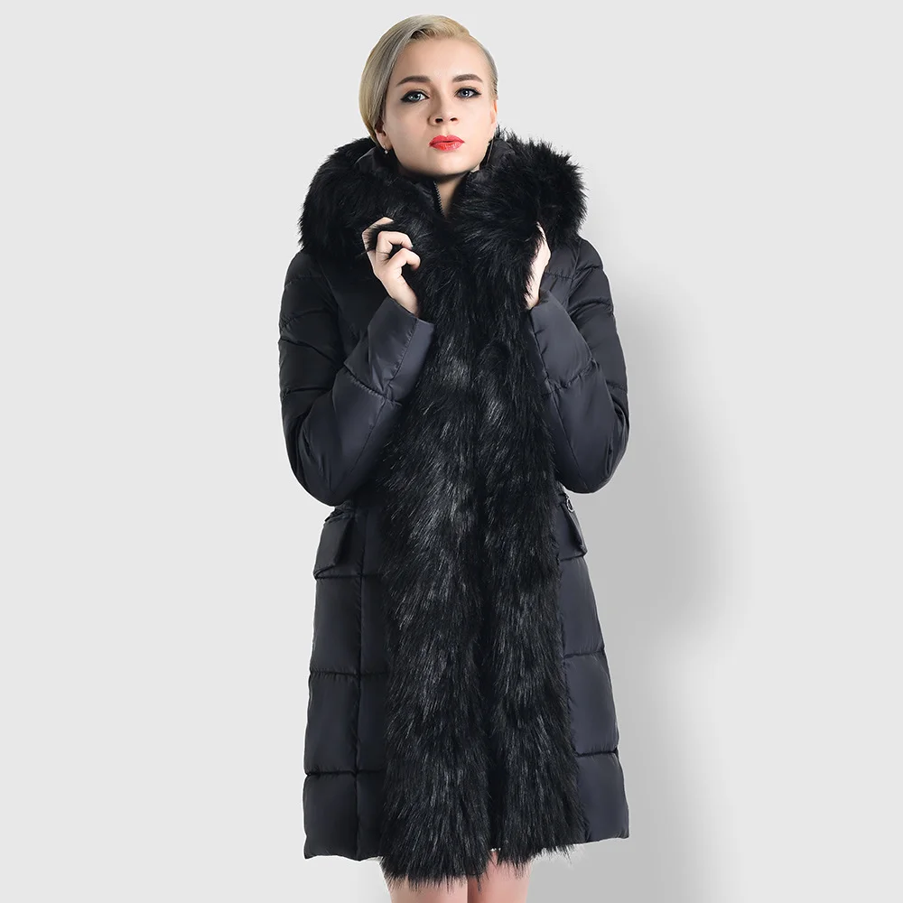 New winter medium and long down women's thickened large wool collar coat